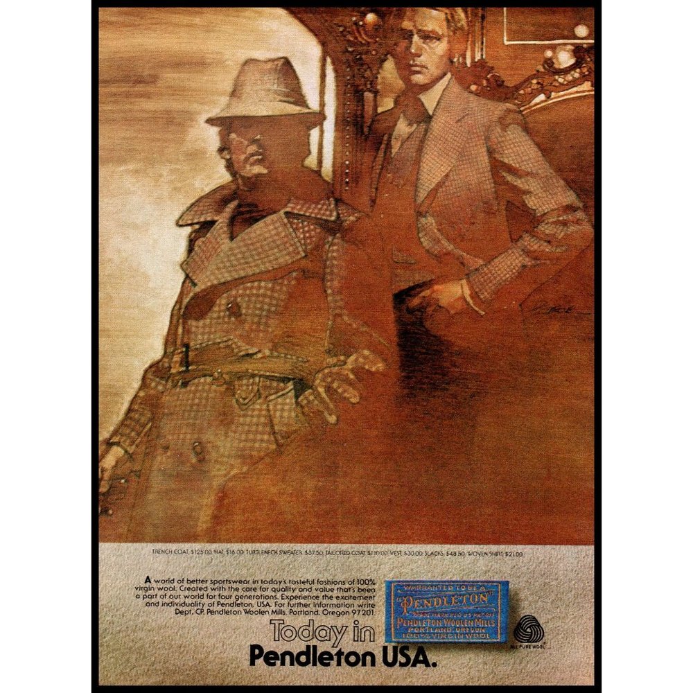 1977 Pendleton Woolen Mills Clothing Vintage Print Ad Drawing Trench Coat Art